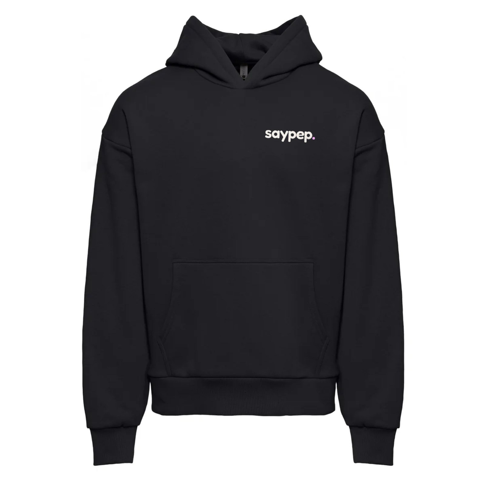 Black saypep. hoodie, front: small cream saypep. wordmark with a pink dot on the left chest
